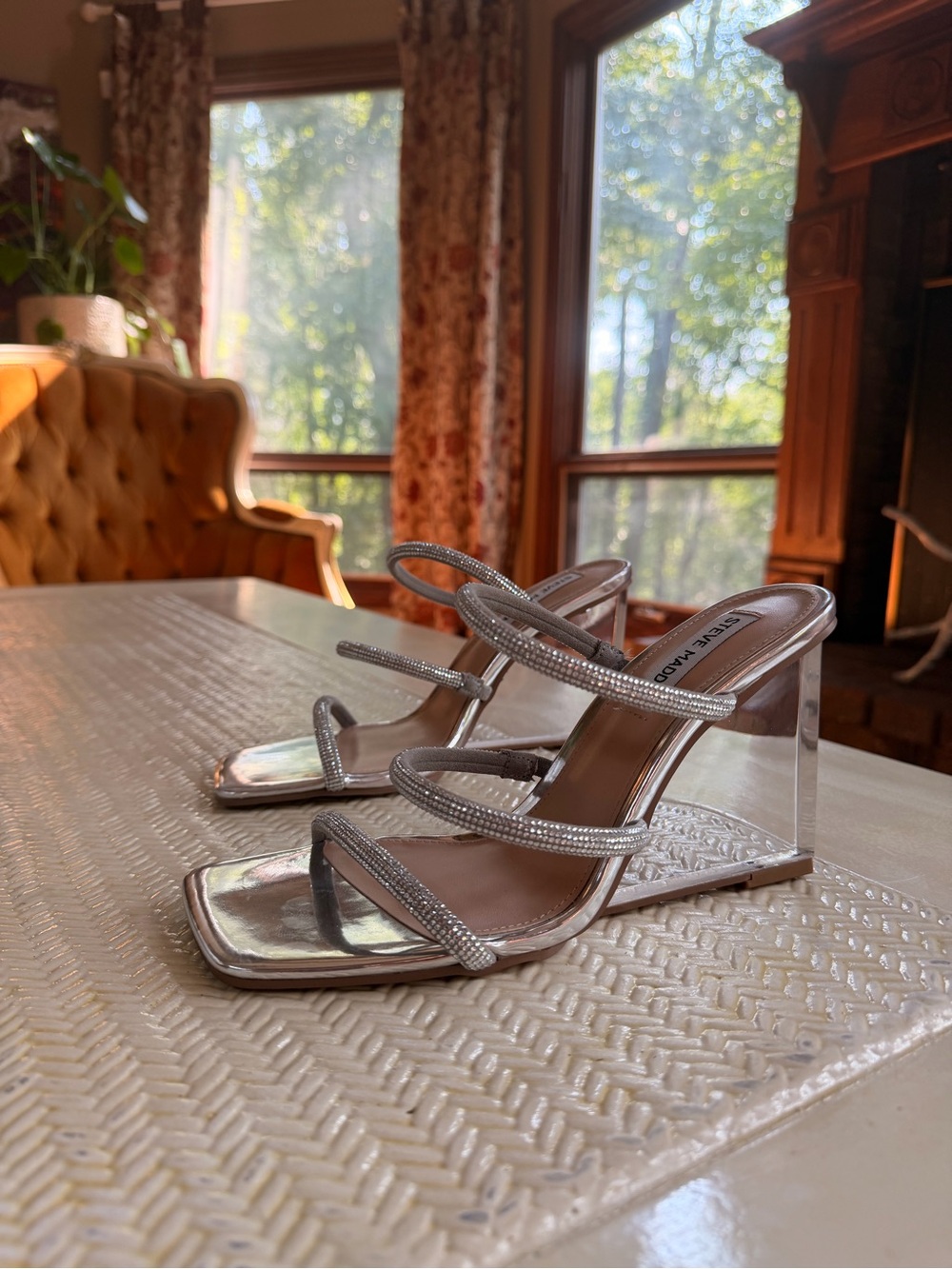 Steve Madden Silver Crystal-Strap Clear Wedge Sandals